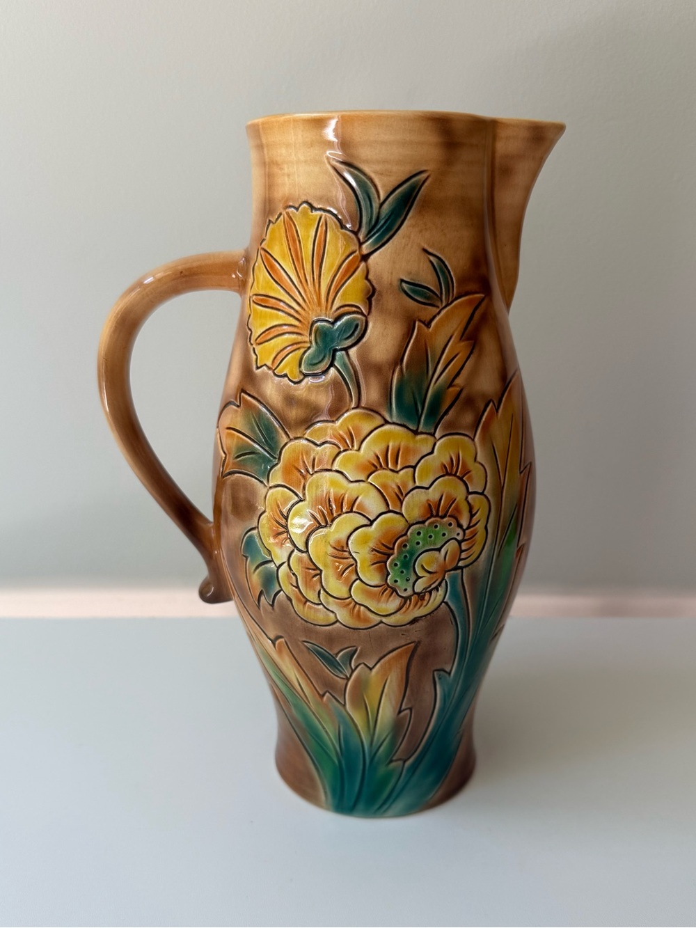 Handpainted Yellow Floral Ceramic Pitcher with Green Accents